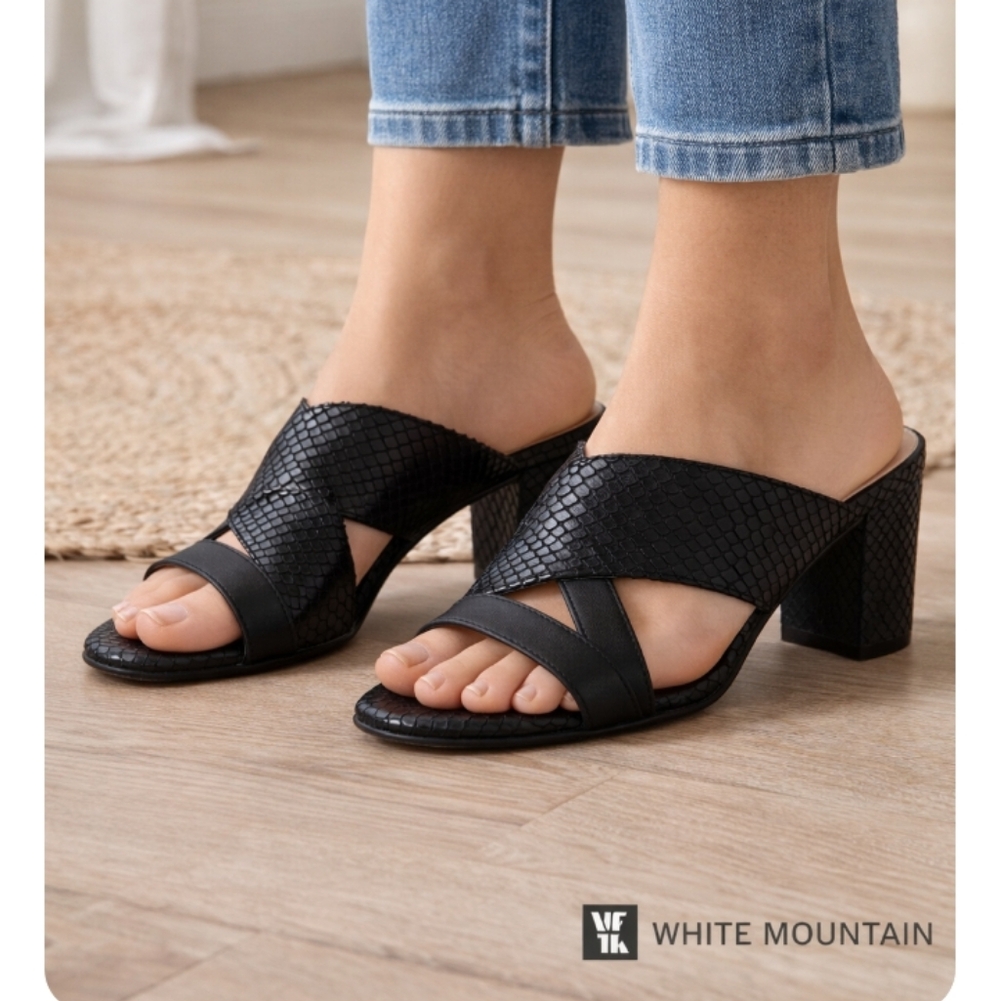 White Mountain Black Snakeskin Block Heel Slide Sandals 7M